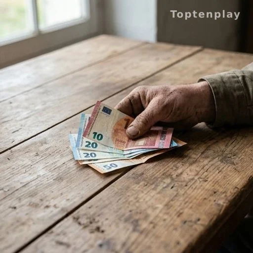 Mains d'agriculteur tenant quelques billets d'euros sur une table en bois