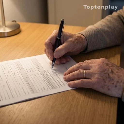 Main d'une personne âgée signant un formulaire administratif
