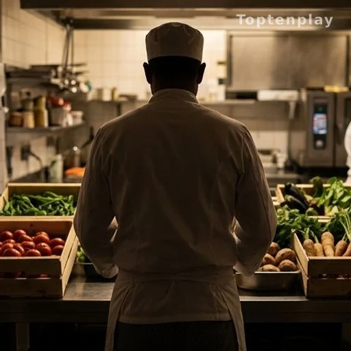 Silhouette de chef cuisinier devant des cagettes de légumes frais