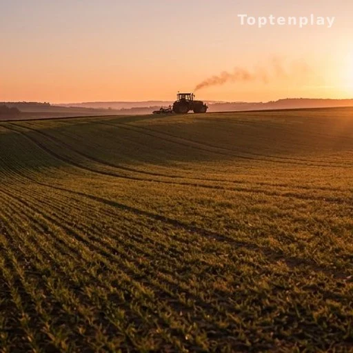 Champ agricole français à l'aube avec silhouette de tracteur en arrière-plan