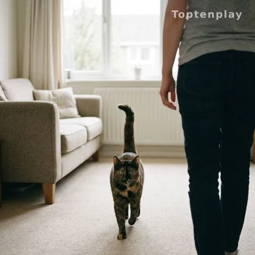 Chat avec la queue relevée s'approchant d'une personne, comportement affectueux