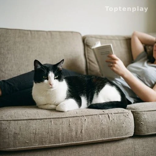 Chat détendu allongé près de son propriétaire, signe de bien-être et confiance