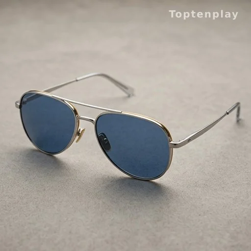 Paire de lunettes aviateur argentées avec verres bleus et doublure or, lunettes de soleil haut de gamme