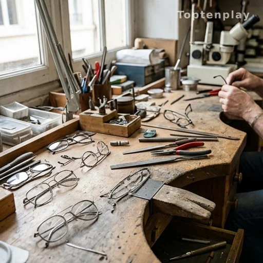 Atelier de lunetterie française avec montures métalliques et outils artisanaux à Lons-le-Saunier