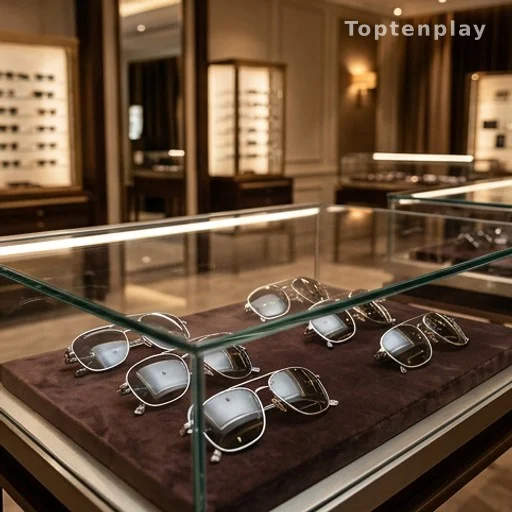 Vitrine de lunettes de soleil de luxe dans une boutique de lunetterie haut de gamme française