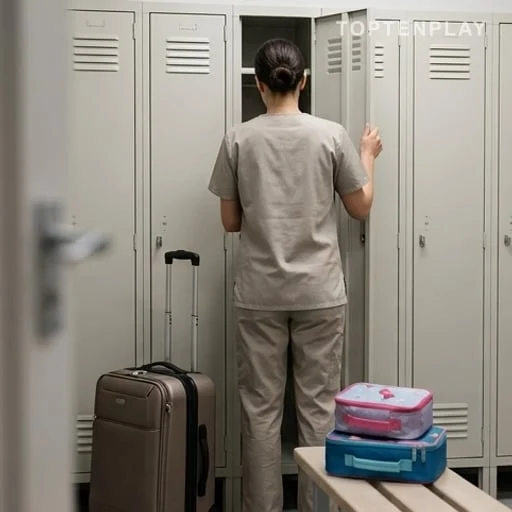 Infirmière quittant son vestiaire avec valise et affaires d’enfants