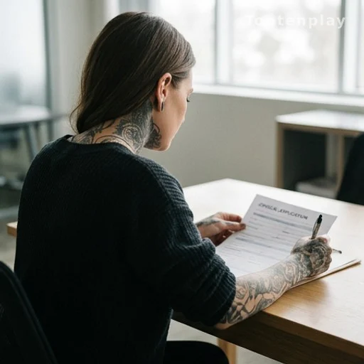 Femme tatouée de dos remplissant un formulaire de candidature à l'emploi