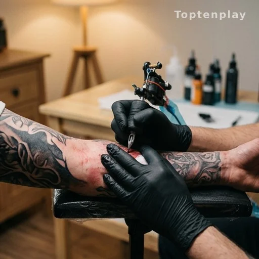 Tatoueur réalisant un tatouage sur un bras déjà recouvert de motifs à domicile