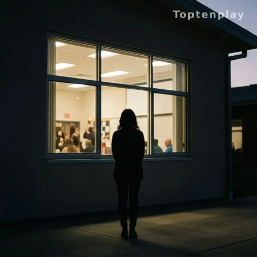 Silhouette d'une femme exclue debout devant une école lors d'un événement scolaire