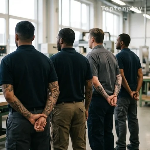 Travailleurs en uniforme de dos avec tatouages visibles sur les avant-bras en milieu professionnel