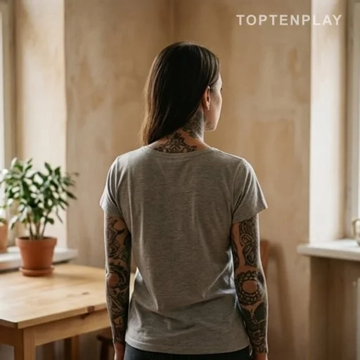 Femme tatouée de dos dans un intérieur familial