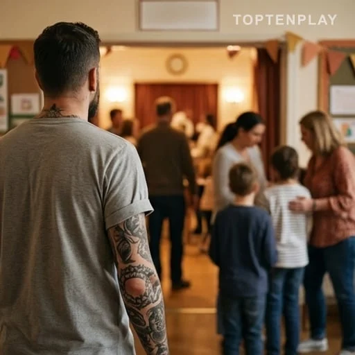 Parent tatoué devant l’entrée d’un spectacle scolaire