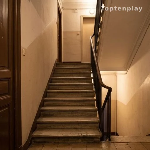 Escalier intérieur d'immeuble ancien sans ascenseur, 65 marches