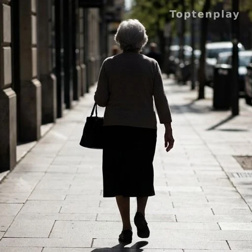 Silhouette de dos d'une femme âgée marchant rapidement sur un trottoir
