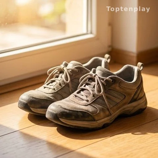Chaussures de marche usées posées près d'une fenêtre ensoleillée