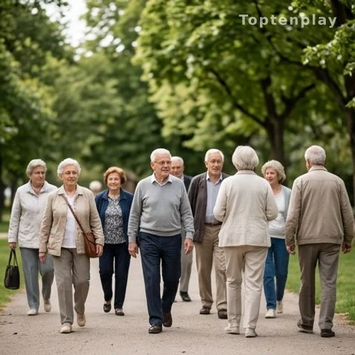 Groupe de personnes âgées marchant dans un parc, activité physique seniors