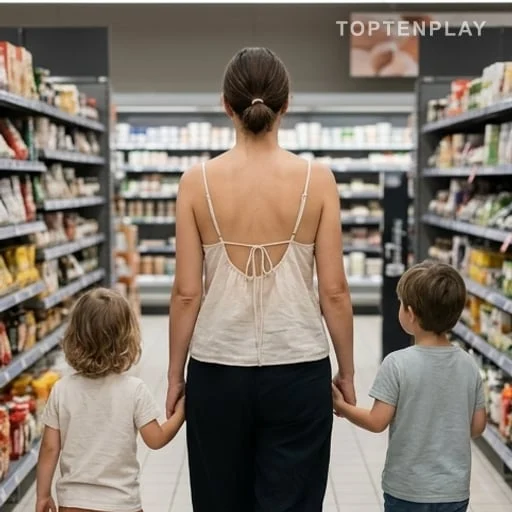 Cliente avec enfants dans un supermarché en canicule
