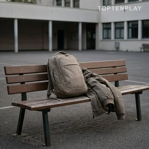 Sac anonyme sur un banc dans une cour scolaire