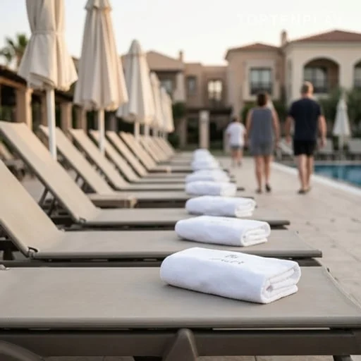 Transats d’hôtel réservés par des serviettes à l’aube