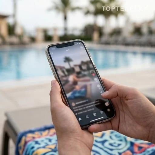 Téléphone montrant une vidéo virale près des transats