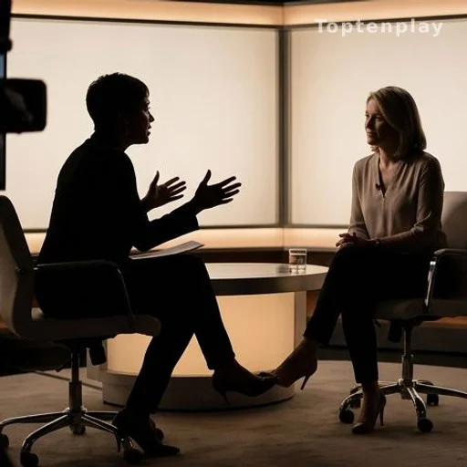 Plateau de télévision lors d'une interview, deux silhouettes face à face