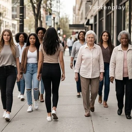 Femmes de générations différentes marchant dans des directions opposées en ville