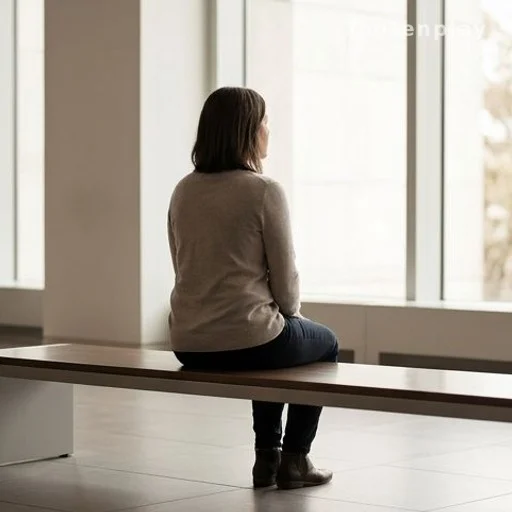 Femme de dos assise seule dans un espace calme, lumière naturelle