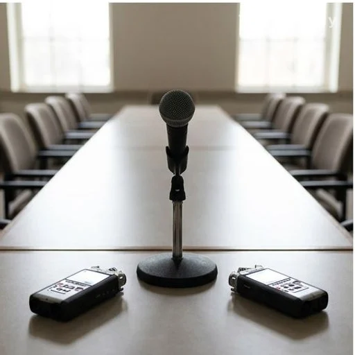 Micro et enregistreurs sur une table de conférence de presse