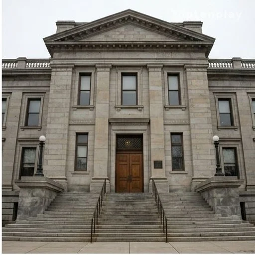 Façade d'un palais de justice en pierre avec escaliers