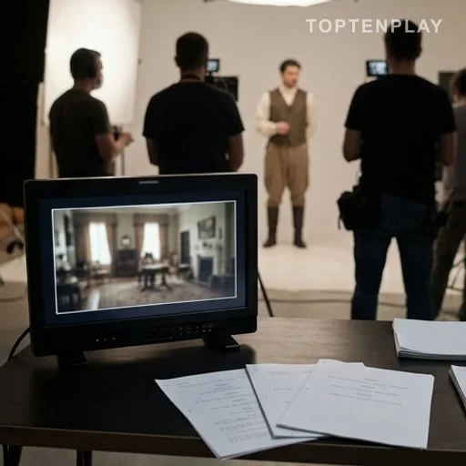 Moniteur de tournage et scénario sur une table