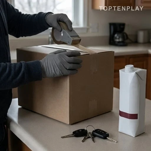 Cartons de déménagement, clés de voiture et caisse de vin