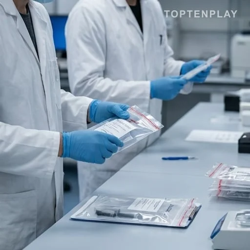 Techniciens analysant des scellés dans un laboratoire criminel