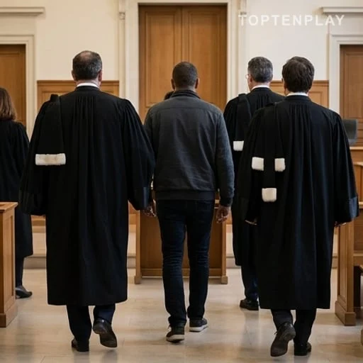 Prévenus et professionnels entrant dans une salle d’audience
