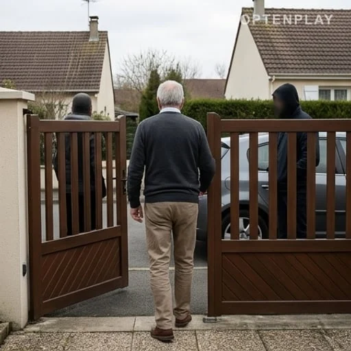 Retraité entrant par le portail ouvert de sa maison