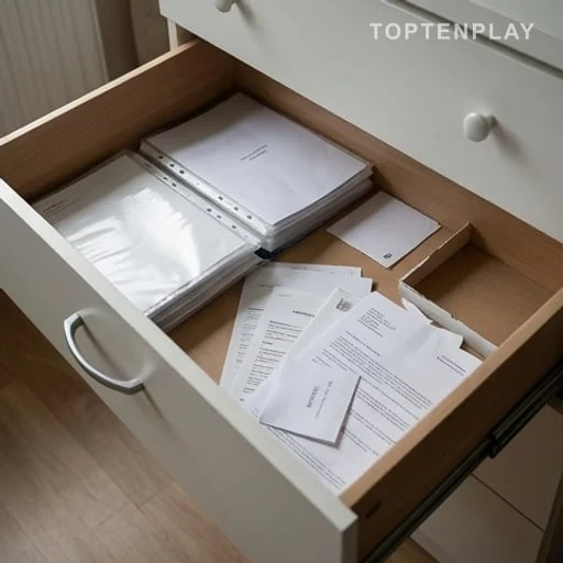 Tiroir ouvert avec papiers et effets personnels manquants