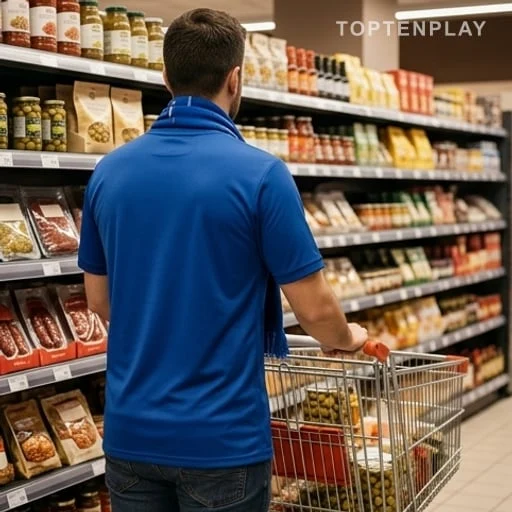 Supporter de dos avec un chariot dans un supermarché