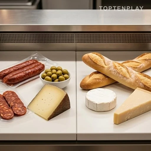 Produits espagnols et fromages français disposés face à face