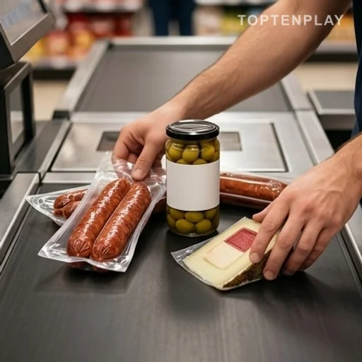 Produits espagnols posés sur un tapis de caisse