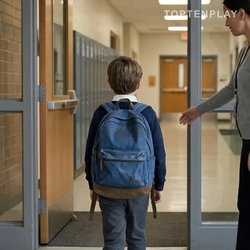 Enfant scolarisé entrant en classe avec un cartable