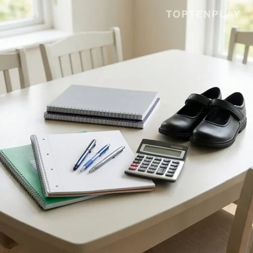 Fournitures scolaires et calculatrice sur une table familiale