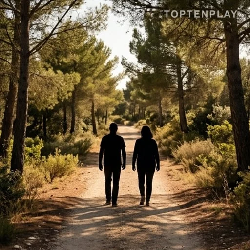 Deux silhouettes marchant parmi les pins méditerranéens