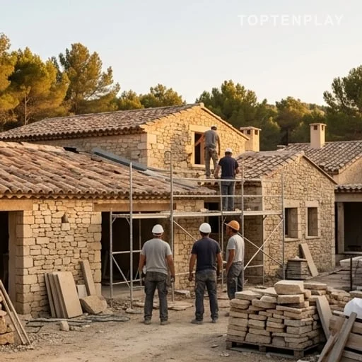 Ouvriers rénovant plusieurs bâtiments hôteliers provençaux
