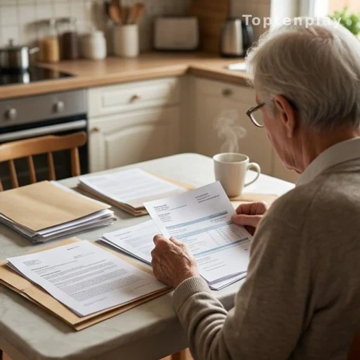 Personne âgée de dos consultant des documents administratifs pour une demande d'allocation retraite