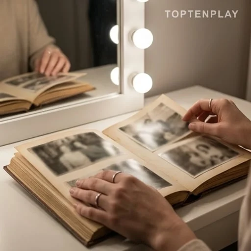 Album photo et miroir dans une loge