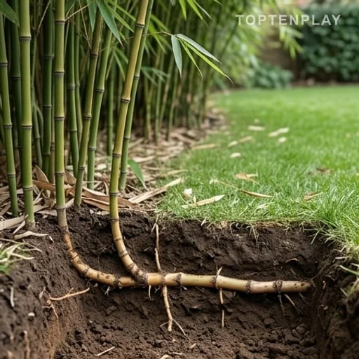Rhizomes de bambou traçant sous une pelouse de jardin