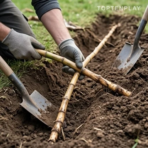 Rhizome segmenté extrait manuellement de la terre