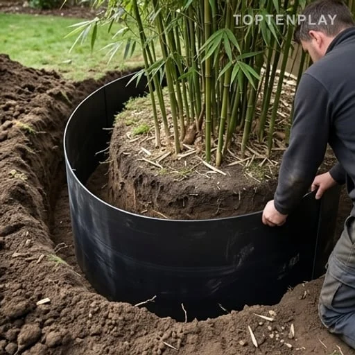 Barrière anti-rhizome installée autour d’un bambou traçant