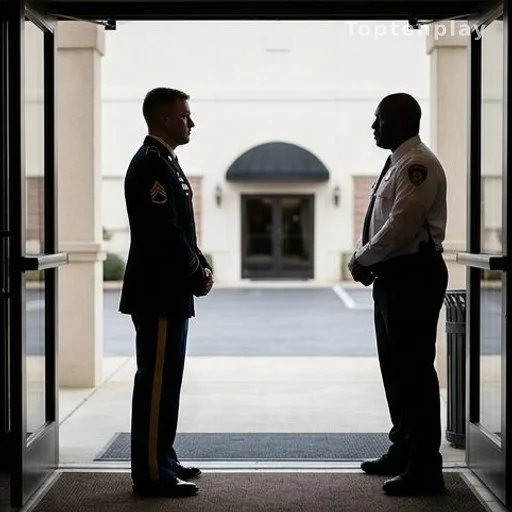 Militaire en uniforme face à un agent de sécurité à l'entrée d'un lieu de réception