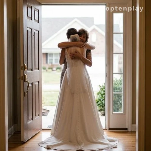 Mariée en robe blanche serrant son frère dans ses bras sur le pas de sa porte