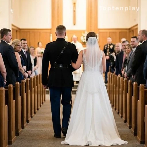 Militaire en uniforme accompagnant une mariée dans l'allée d'une église
